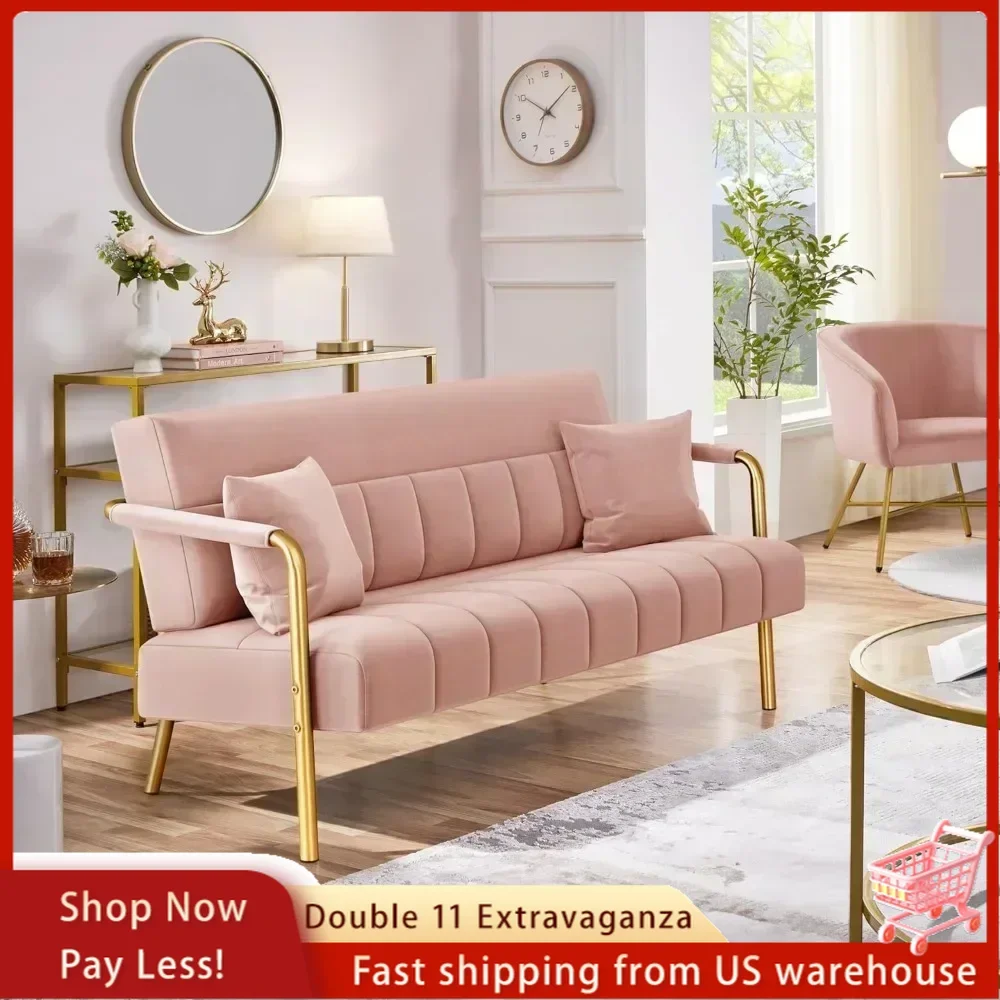 

56.5" W Modern Loveseat 2 Seater Sofa Luxurious Velvet Fabric Couch with Gold-Tone Metal Arms and Legs for Bedroom, Studio Pink