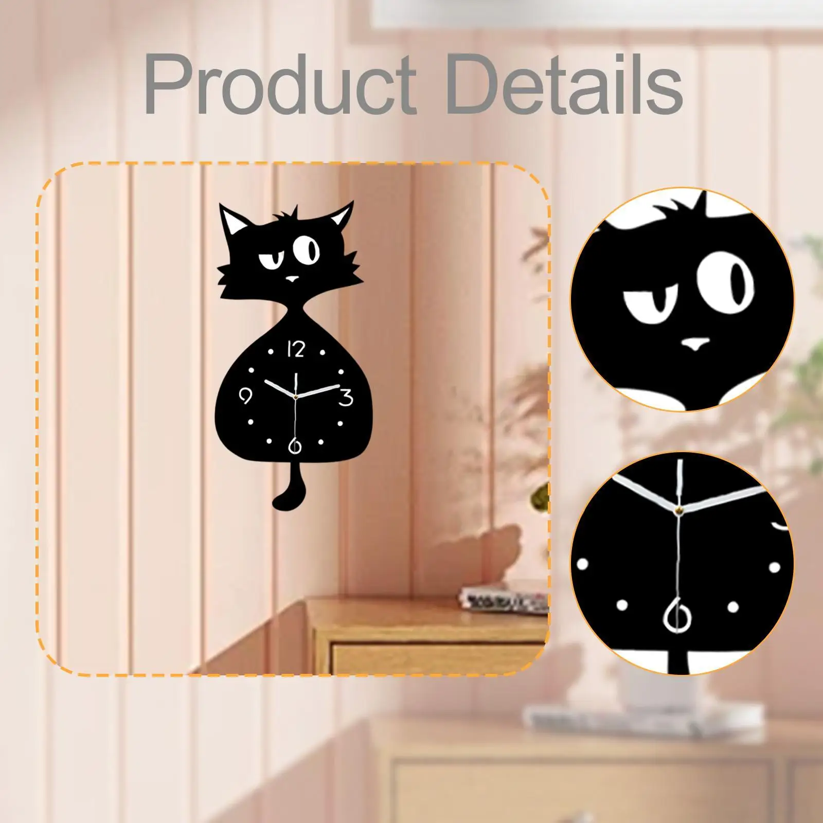 Kids Wall Clock Cat Shape Acrylic Non Ticking Modern Wall Decor Clock for Bedroom Nursery and Home Office