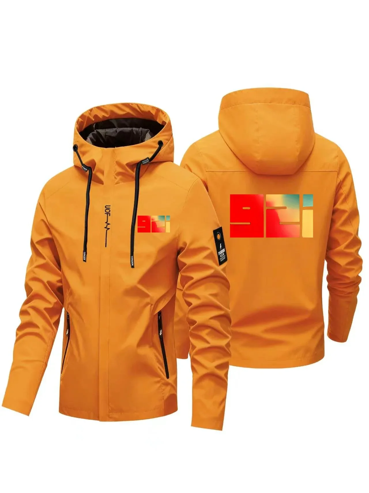 Men's Autumn-Winter Windproof Hooded Jacket, Solid Color Full-Zip Coat with Gradient Digital Print Outdoor Hiking Fashion Jacket