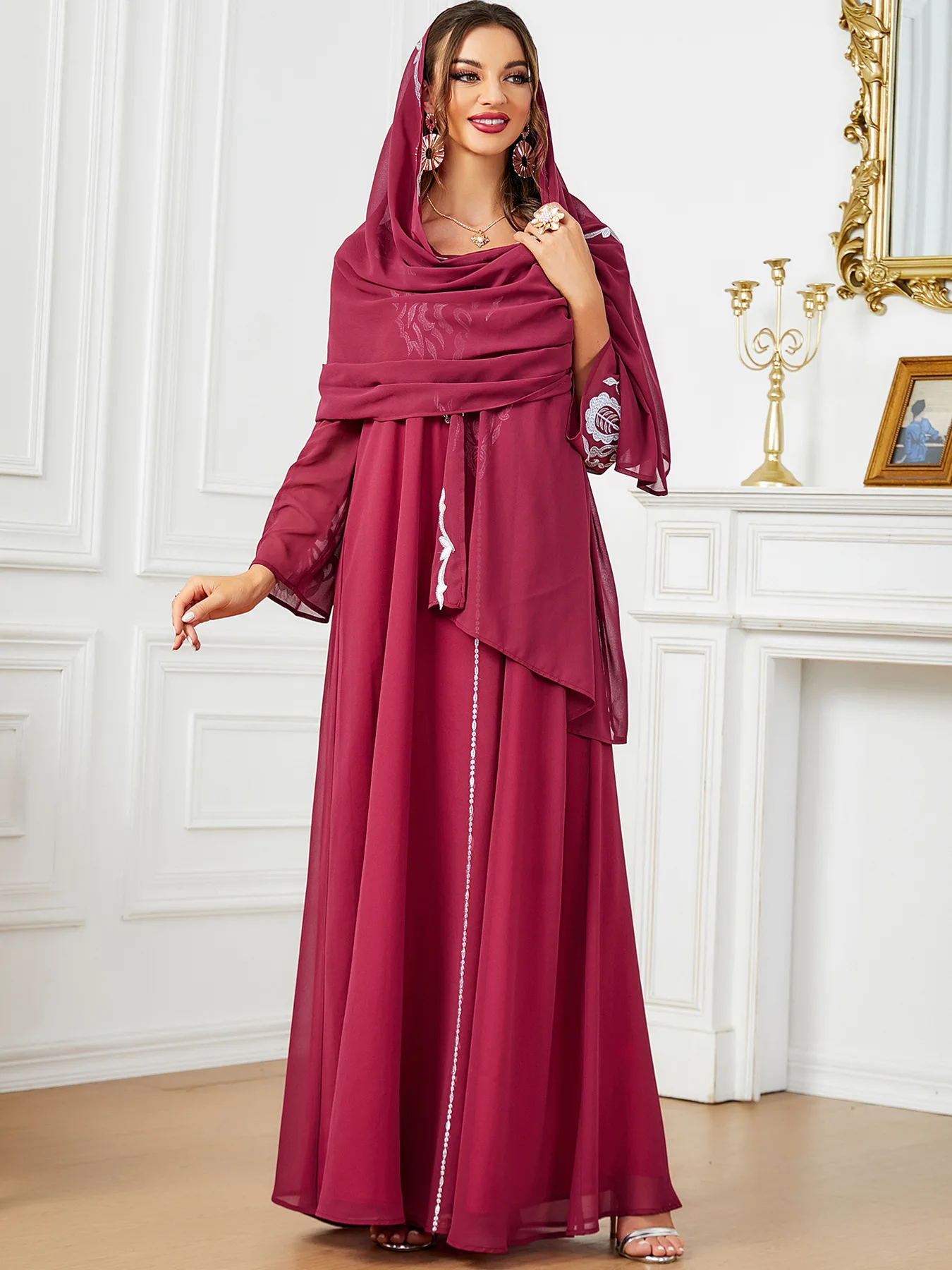 Arabisch geborduurd gewaad met sjaal moslim midden-oosten kostuum abaya elegante mode dubai lange jurk moslim vrouwen jurk vestido