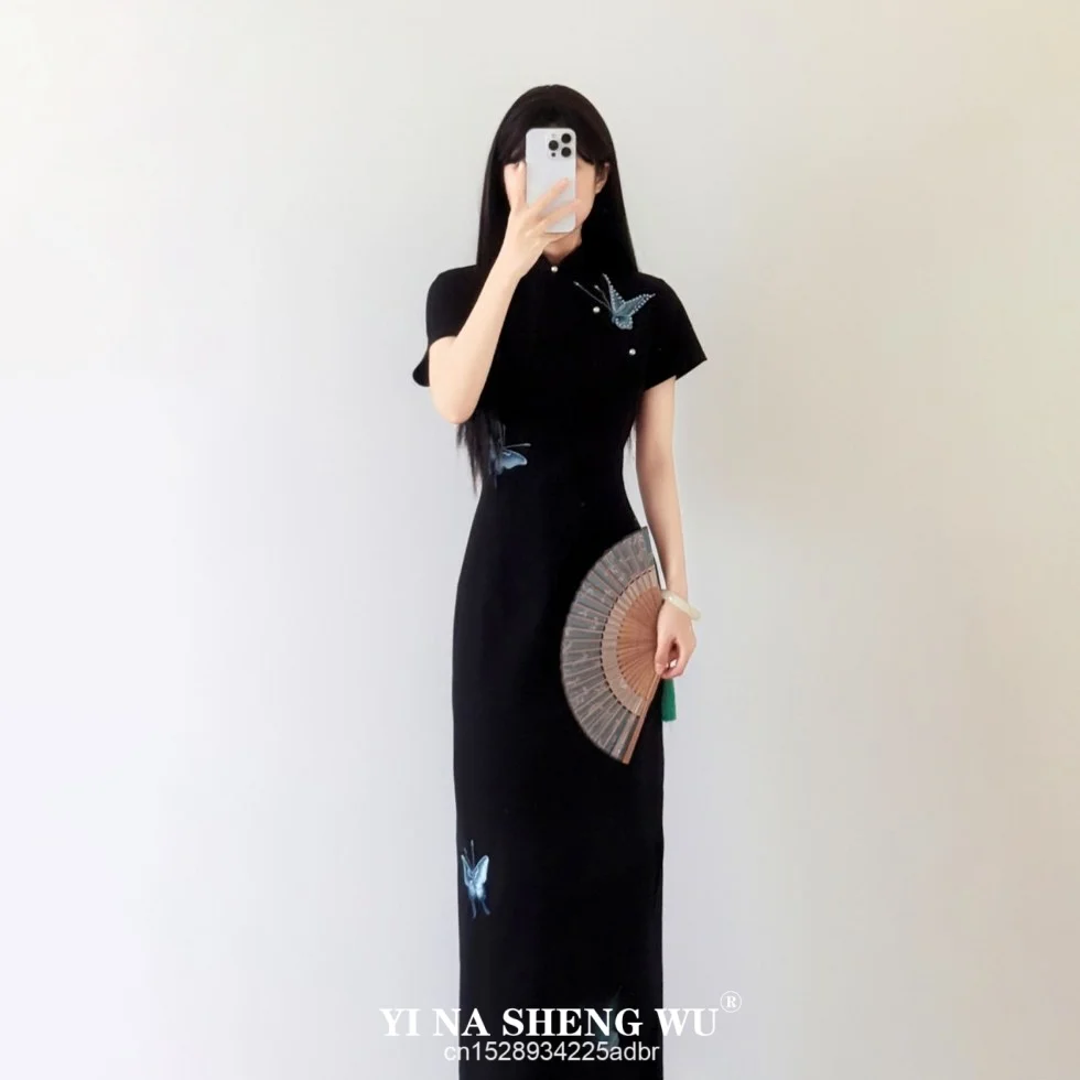 Butterfly Modified Cheongsam Embroidered Girlish Temperament Slim and Slim Daily Black Dress Chinese Style