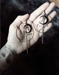 Gothic Crescent Sword Earrings for Women Cold Weapon Witch Accessories Gifts Circle Sword Drop Earrings Alternative Jewelry New