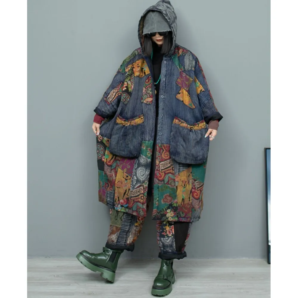 Print Linen Splicing Old Cloth Pattern Hooded Bat Sleeve Clip Cotton Medium Long Coat + Pant Two Piece Set Women Winter ZF433