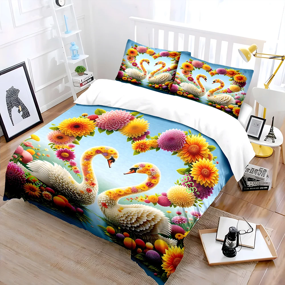 Two swans with floral heart Print Soft Comfortable Duvet Cover Bedding Set Included 1*Duvet Cover  2*Pillowcases Luxury gifts