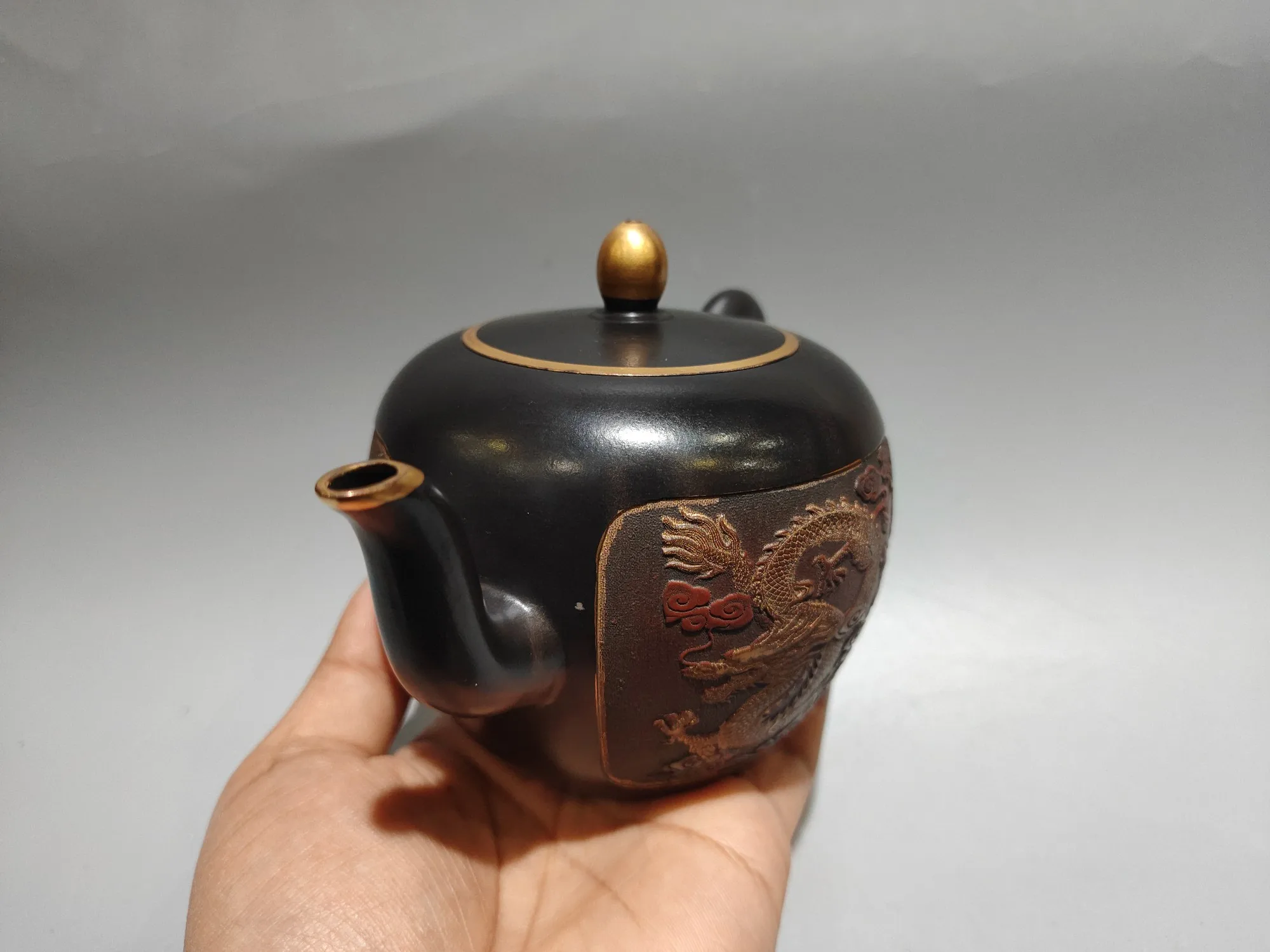 Old Chinese Handicraft Enameled YiXing Zisha (red stoneware) Teapot,Gilt-decorated dragon-and-phoenix , with mark, Free shipping