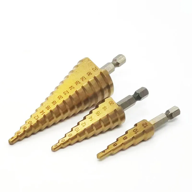 Pagoda drill bit 3PCS hexagonal shank straight slot titanium plated drilling and expanding device step drill set step drill