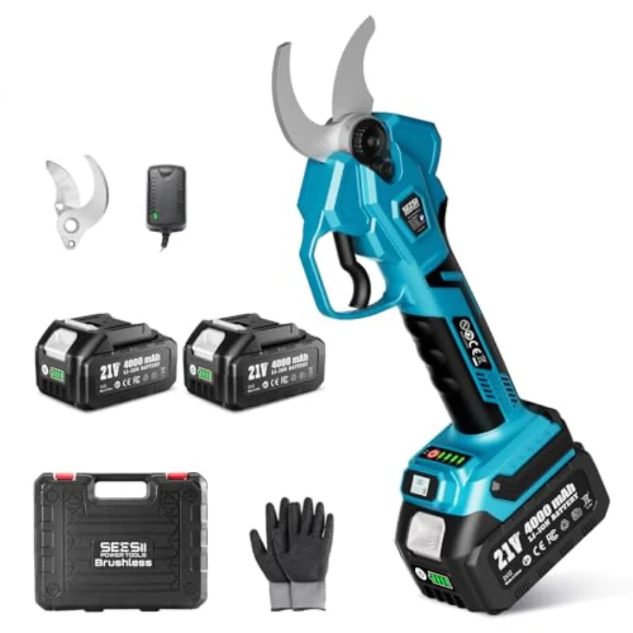 

Cordless Electric Pruning Shears 1.6 Cutting Diameter with 4.0Ah Batteries Brushless Motor and Extra SK5 Blade for Tree Flower