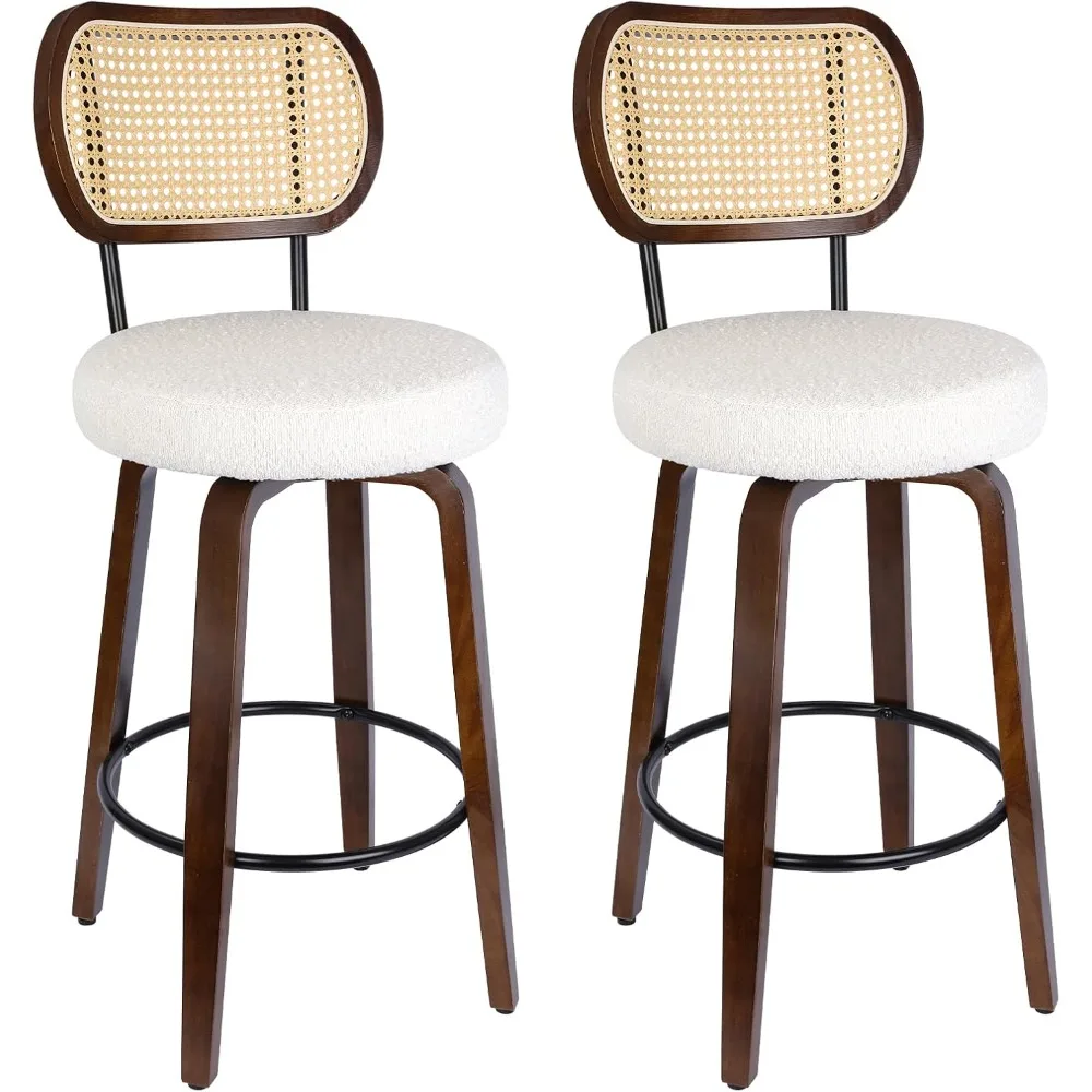

Rattan Bar Stools Set of 2, Swivel Counter Height Barstools with Back, Farmhouse Upholstered Kitchen Chairs with Back & Footrest