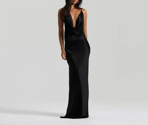 

2025 Solid Color Swing Collar Sleeveless Hanging Neck Exposed Backpack Hip Dress for Women, Fashionable and Sexy Banquet Dress
