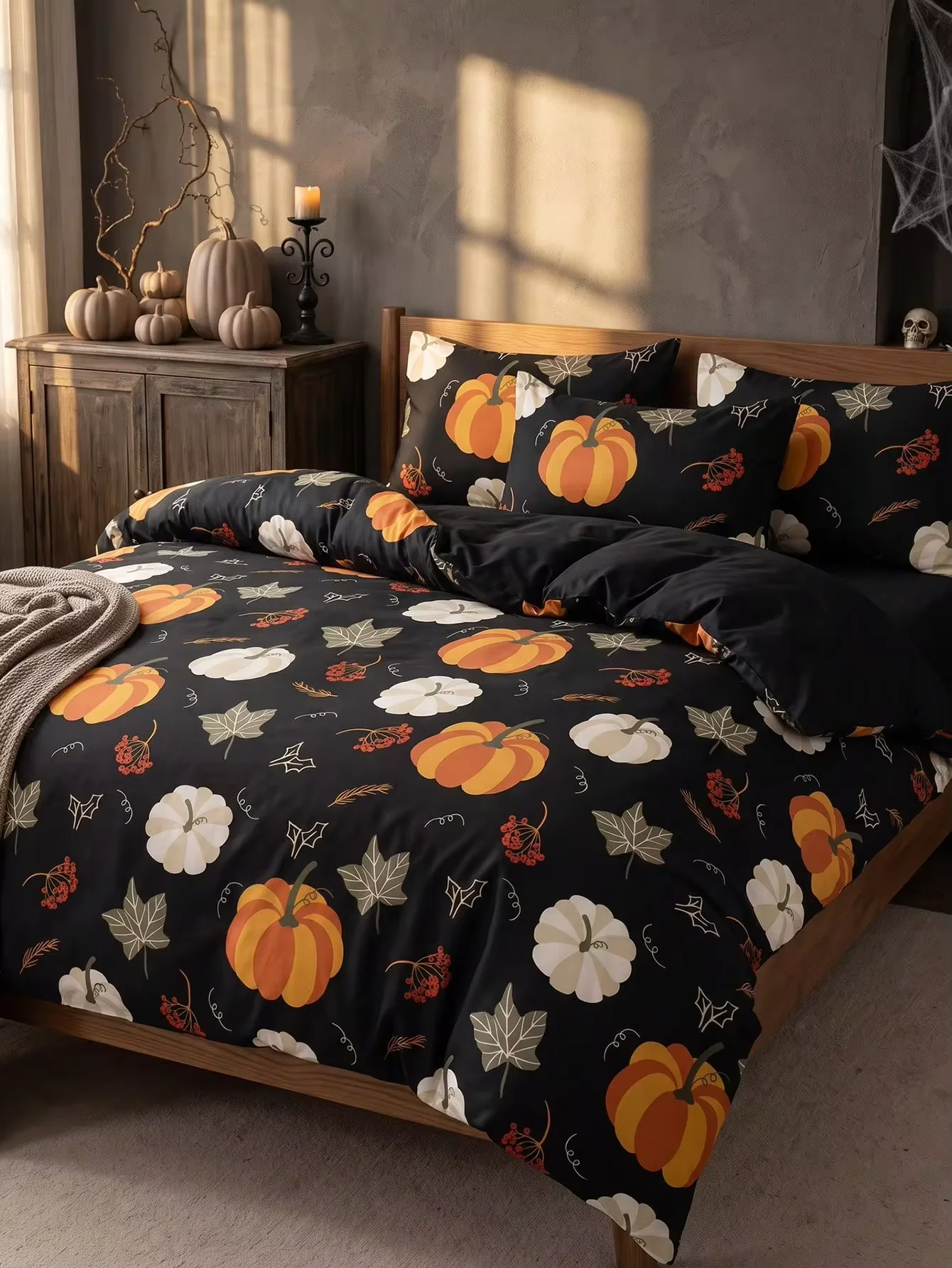 3Pcs Halloween Duvet Cover Set Single Size 3D Print White Ghost Cute Pumpkin Bedding Set with Pillowcases All Season
