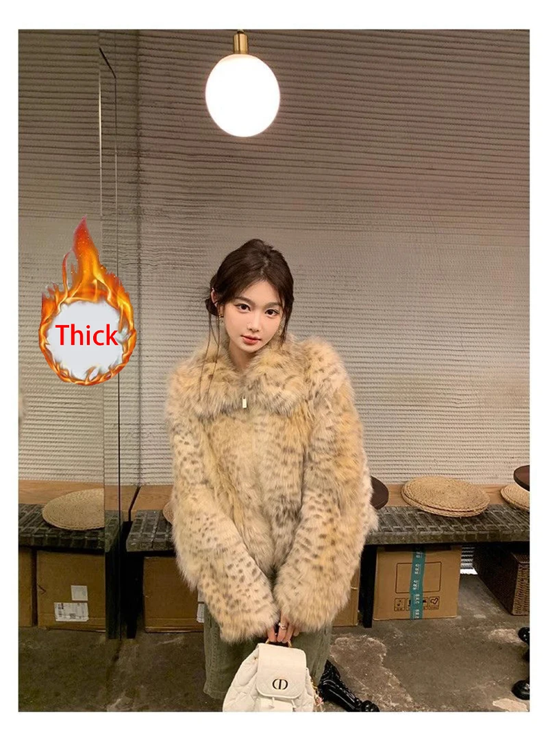 Leopard Faux Fur Coat Women Winter Thick Warm Vintage Streetwear Jacket Casual Zipper Female Retro American Hip Hop Outwear Tops