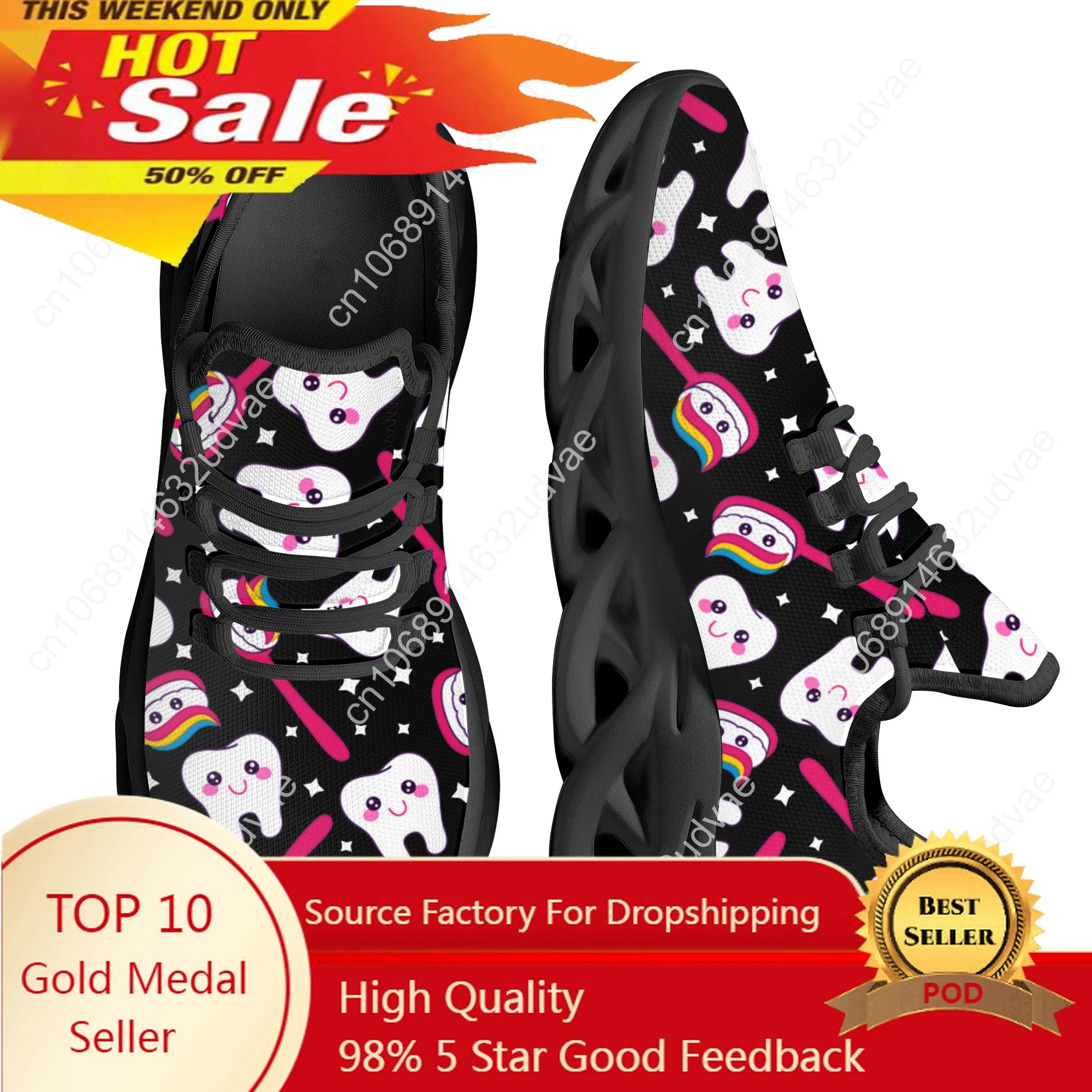 Cute Cartoon Teeth Design Brand Platform Blade Shoes Summer Breathable Knitted Dental Medical Flats Casual Sneakers