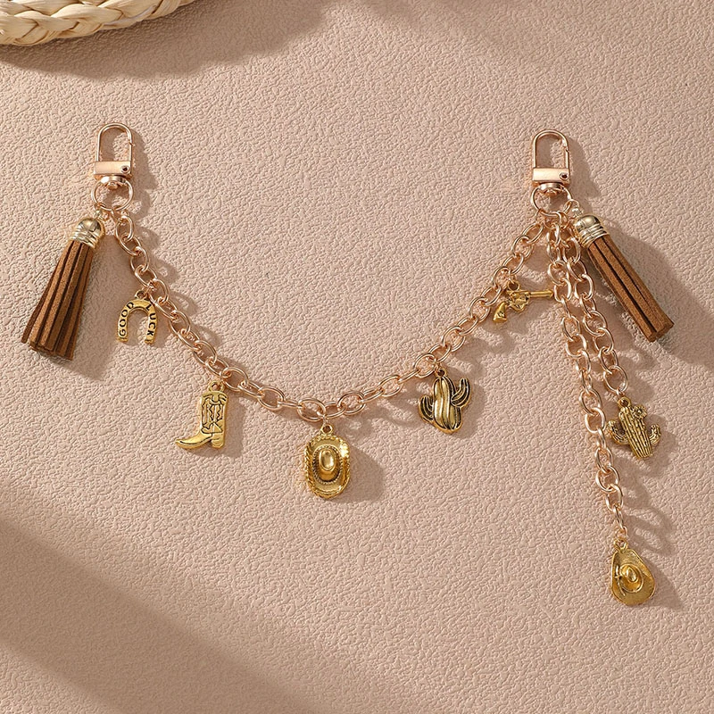 1pc Cowboy Fringe Keychain – Leather & Metal Pendant with Hat & Horseshoe, Boho Style Key Ring.