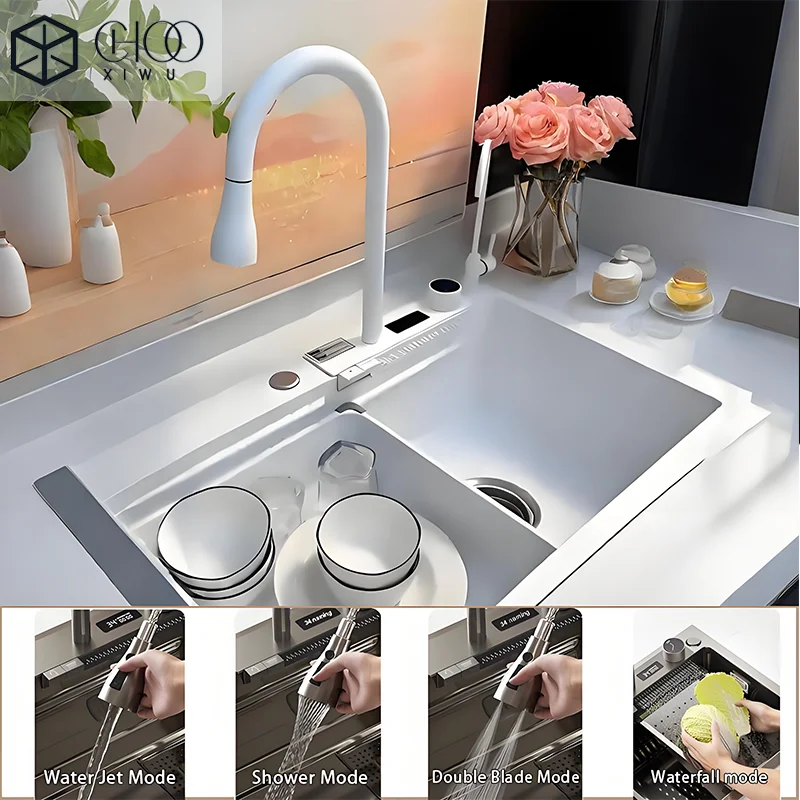 

Kitchen multi-function digital display pull-out faucet, pressurized water dispensing, hot and cold mixing water dispensing.