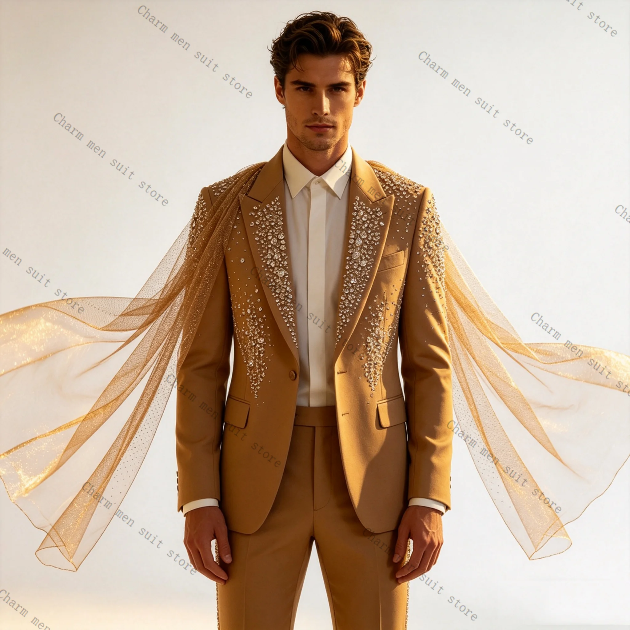 

Мужской костюм Cape Brown, комплект из 2 предметов: пиджак + хлопковые брюки, с кристаллами, для свадьбы, официальных мероприятий, офиса, деловых встреч, жакет для жениха