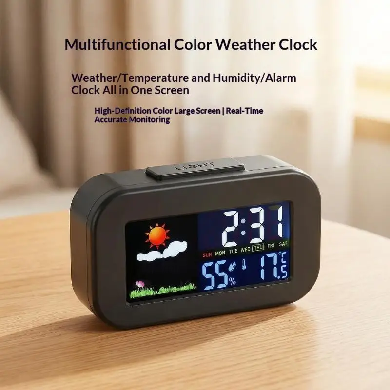 (BF06)Weather Station Clock With Color Display Temp & Humidity Monitor, Backlit For Kids & Teen, Perfect For Bedroom & Dorm Desk