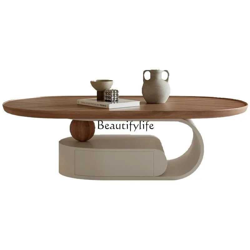 

FG17*Walnut oval coffee table modern minimalist light luxury medieval solid wood coffee table high sense