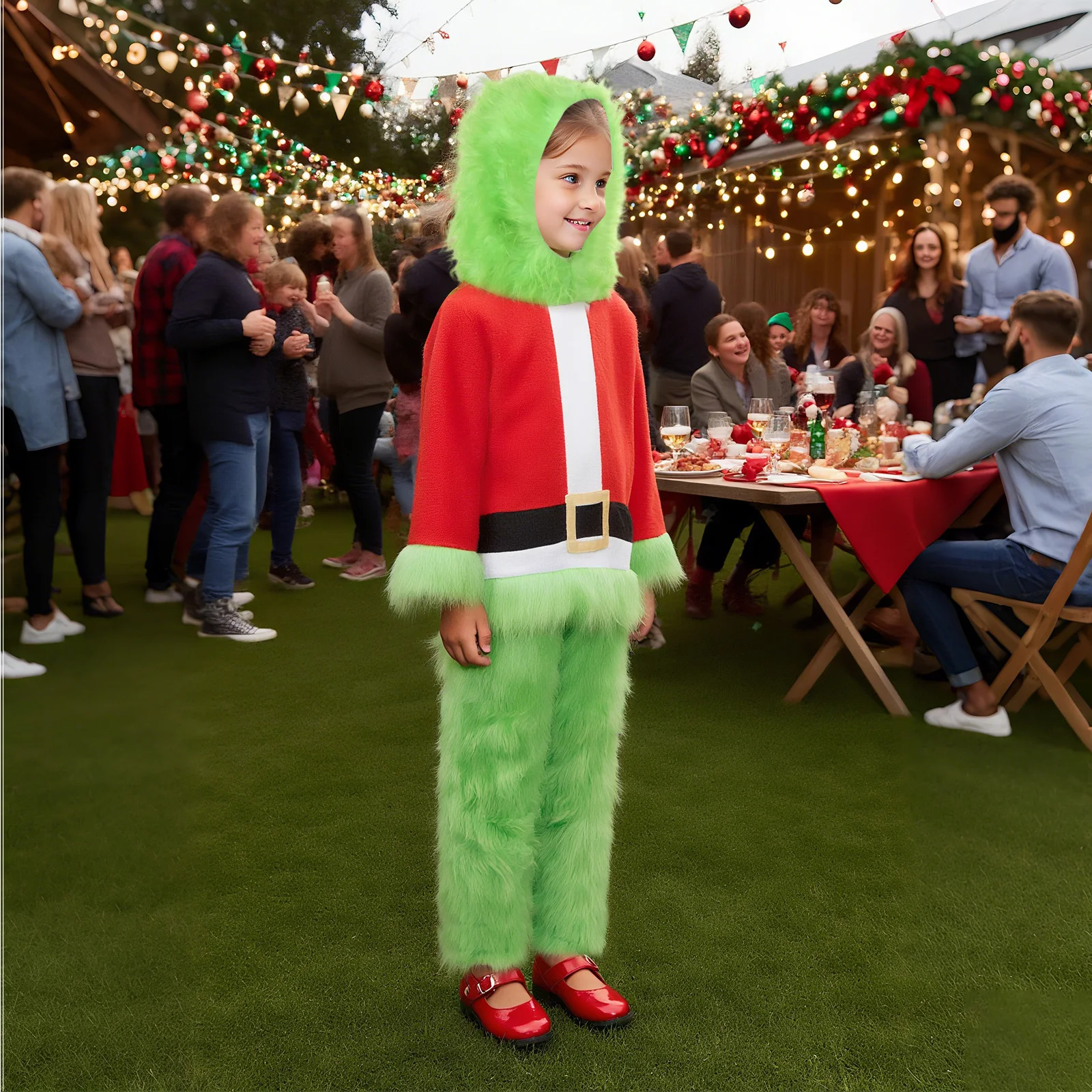 Boys Girls Christmas Costume Green Furry Jumpsuit Halloween Cosplay Party Xmas Role Play Family Photo Outfit