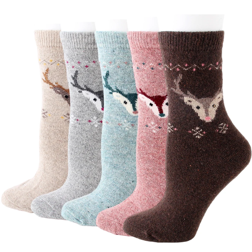 12 Pairs Wool Socks for Women Winter Thick Warm Cozy Elk Pattern Soft Socks Middle Tube Crew Boot Socks