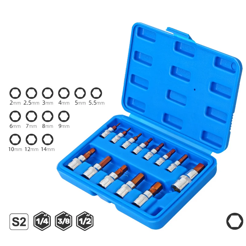 13pcs Hexagon Bit Socket Set H2-H14 Allen Key Hex Wrench Head Tool For Ratchet 1/4 3/8 1/2 inch Drive Screw Driver Bits