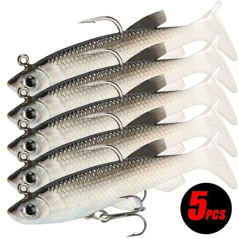 Señuelos de Pesca preequipados de 5 piezas, Swimbaits de plástico suave para lubina, trucha, Walleye, Crappie, agua salada y dulce