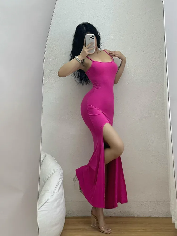 2024 Summer Spicy Girl Pure Desire Sexy Sling Fishtail Dress Women High Waisted Slim High Split Fork Solid Long Dress 0FXM