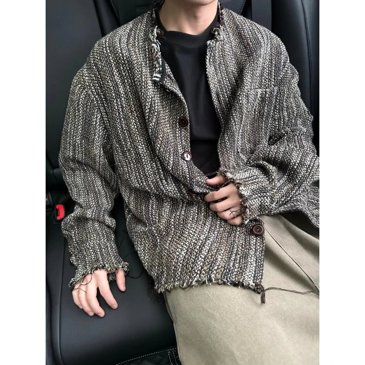 سترة رجالية على الطراز الياباني الرجعي هاراجوكو، معطف محبوك بدون ياقة للأزواج، مناسب للخريف والشتاء، تصميم قياسي بأكمام طويلة #4