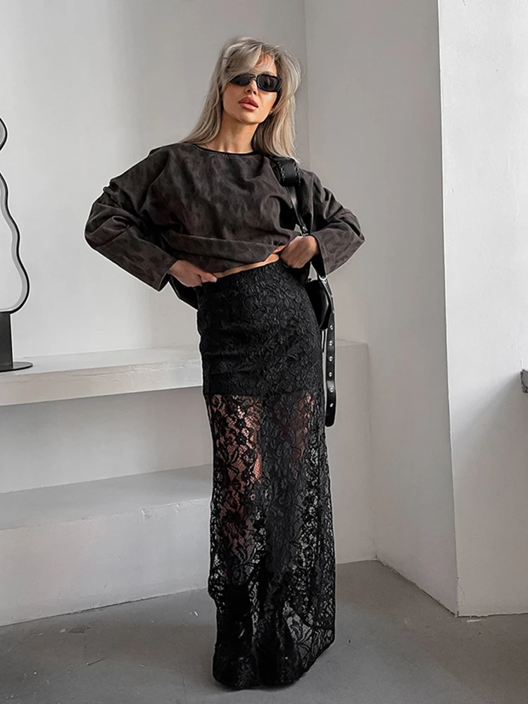 HOUZHOU Vintage Black Lace Skirt Women Y2K Perspective Sexy High Waist Ankle Length Long Skirt Streetwear Elegant Office Lady