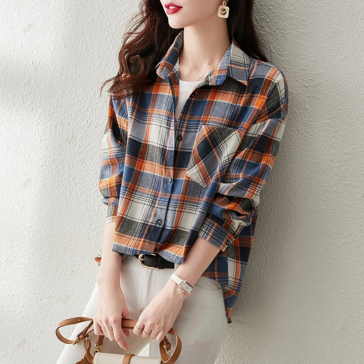 ربيع الخريف مزاجه منقوشة قميص 2026 عالية الجودة عادية التلبيب بلوزة عصرية للتنقل المرأة بلوزة بأكمام طويلة #4