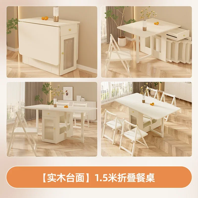 Solid Wood Rock Slab Folding Dining Table Household Small Apartment Dining Table Cream Wind Removable Multi-functional Storage D