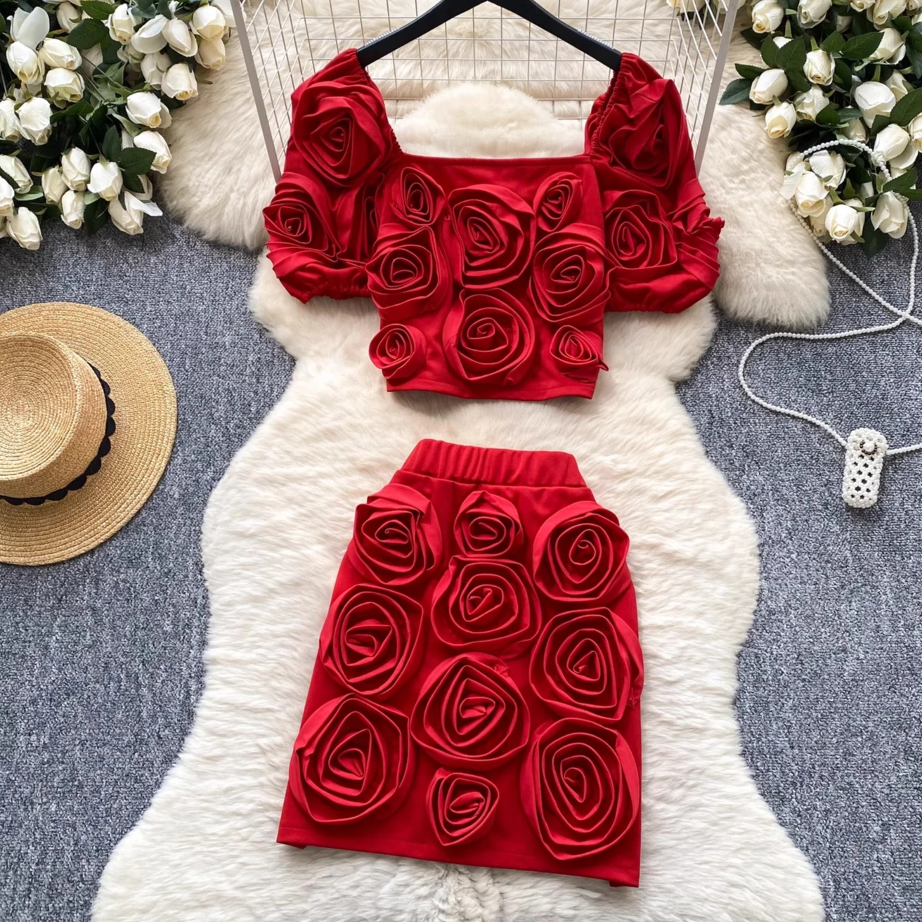 

Chic Women 3D Roses Flowers Square Collar Shirt Short Puff Sleeved Floral Blouse Crop Tops + Elastic Waist A-Line Skirt 2Pcs Set