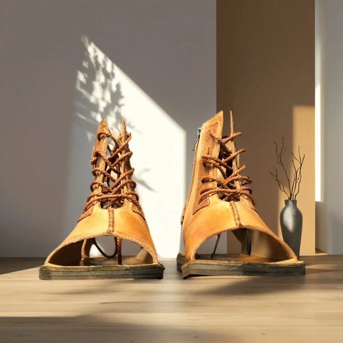 Sandalias de cuero artesanales estilo americano retro, transpirables, de caña alta, con puntera abierta, de piel de becerro curtida vegetalmente.