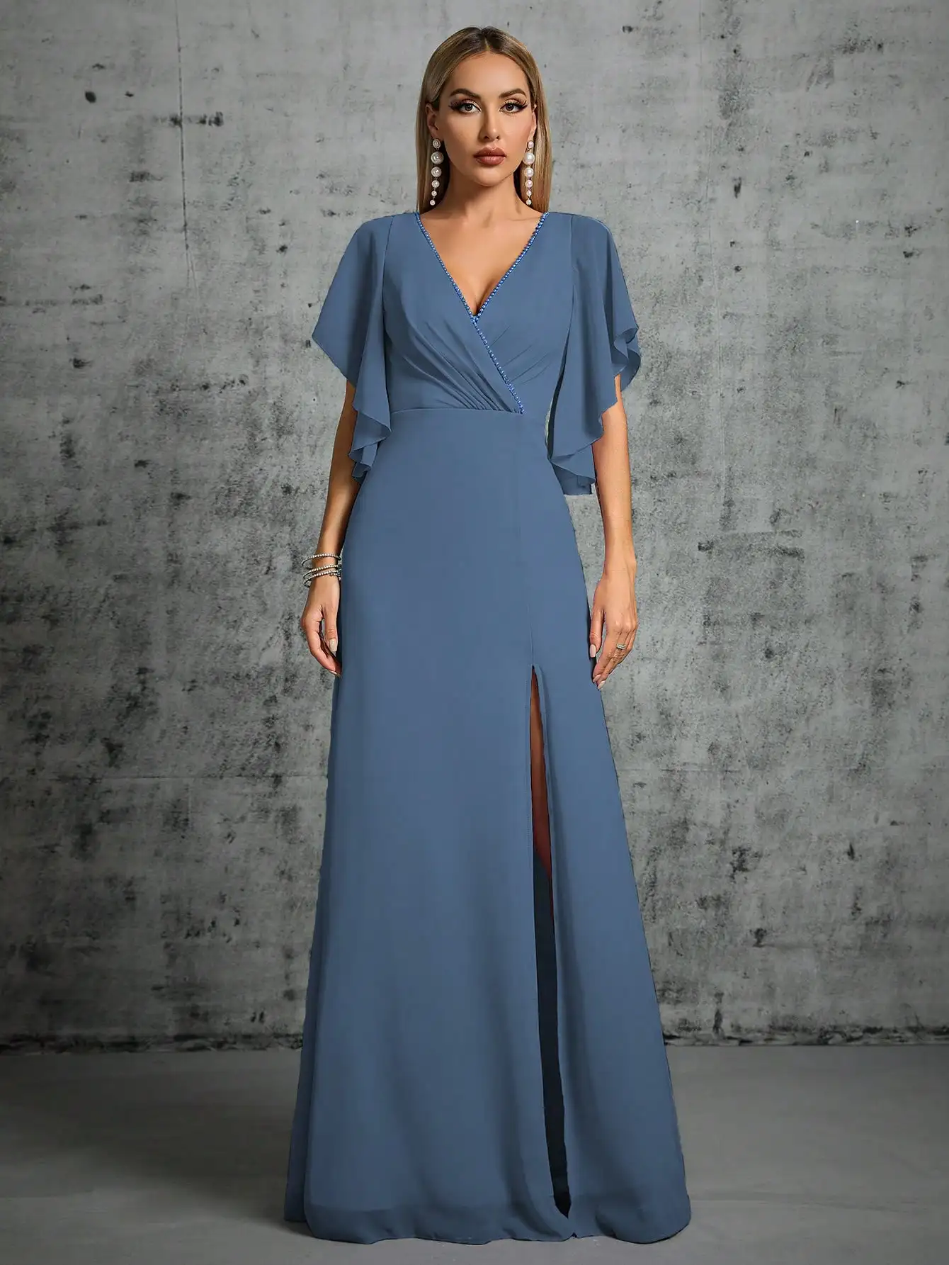 Mgiacy Beaded collar hem flared slit sleeve chest pleated chiffon slit skirt Evening gown Ball dress Party dress