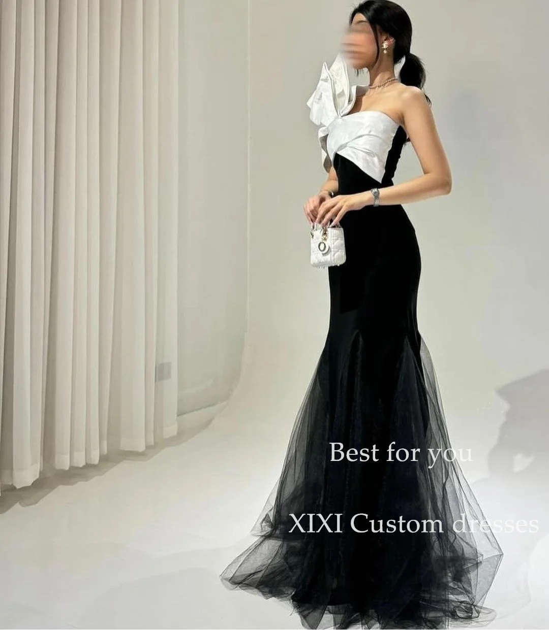 

XIXI Black A-Line Tulle One-Shoulder Floor-Length Evening Dresses Vestidos De Gala Elegant Party Dresses For Women Wedding Party