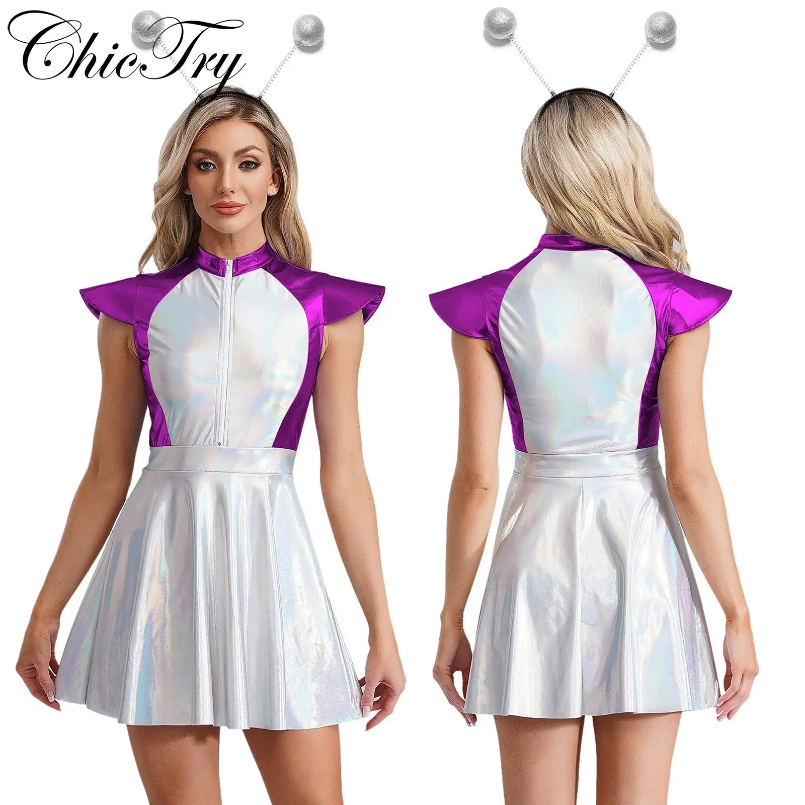 

Womens Alien Cosplay Costume Outer Space Roleplay Party Dress Cap Sleeve Glittering Tutu Halloween Dress Up with Alien Hair Hoop