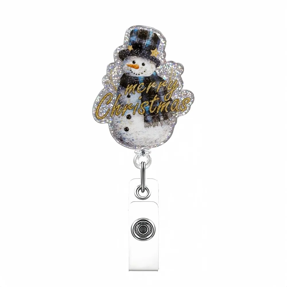 Retractable Christmas Badge Reels Christmas Hat Snowman Elk Rotation Nurse ID Badge Holder Acrylic Alligator Badge Clip Xmas