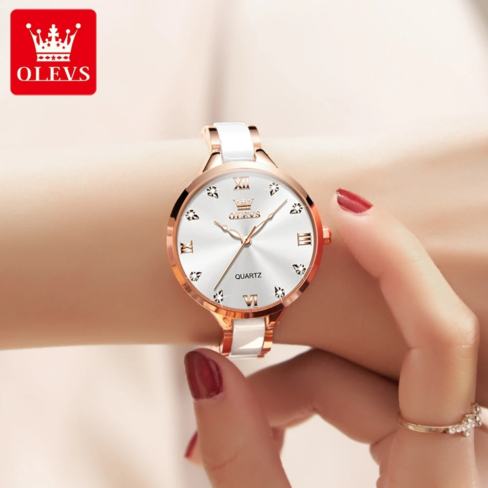 OLEVS Japan Movement Quartz Watch for Women Elegant Ceramics Strap Fashion Ladies Dress Wristwatch Women\'s  Waterproof Watches