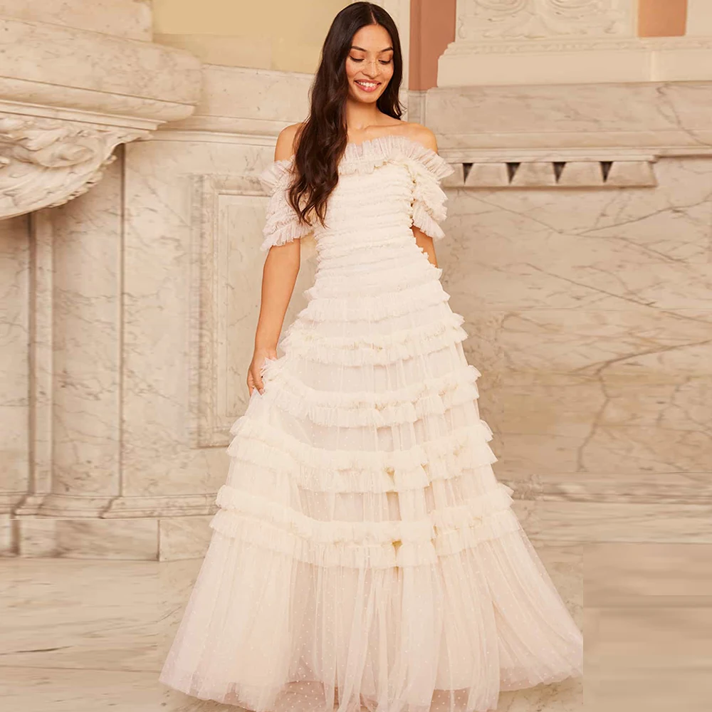 Simple Boat Neck Tulle Evening Dress Fashion Tiered Prom Dresses Delicate Short Sleeves Customized Special Occasion Gowns