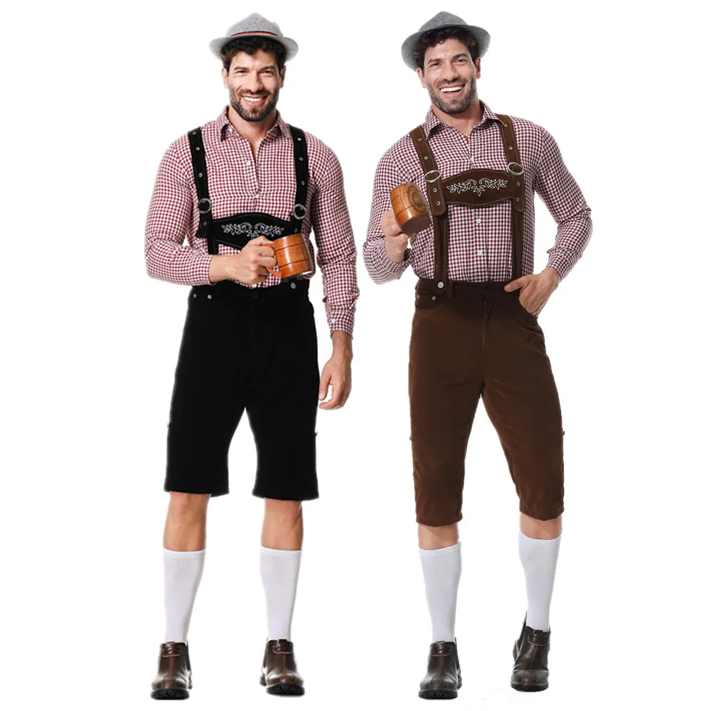 Oktoberfest tradicional masculina, camisa bávara alemã, suspensórios, conjunto de chapéu curto, festa de Halloween, cosplay