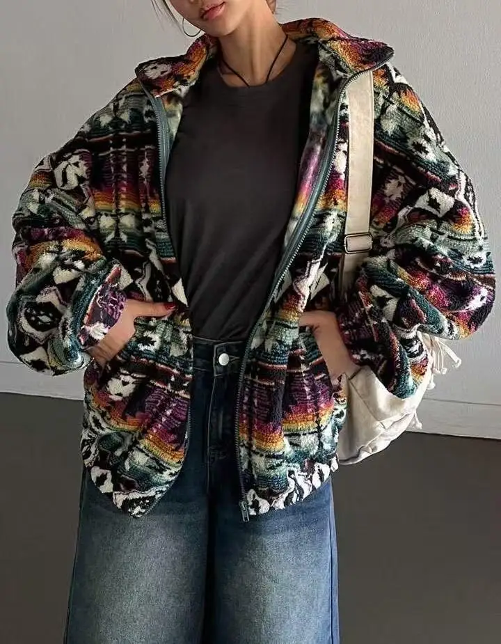 Printed Double-Sided Plush Zipper Cardigan for Women, Suitable for Autumn and Winter, Fashionable Outerwear
