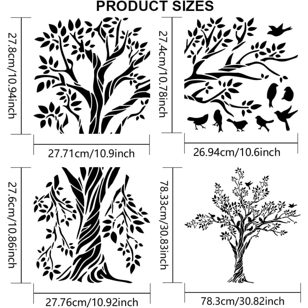 3pcs Large Tree Bird Branch Stencils 30.8×30.8inch Splice Size Bird On Tree Branch Template with Paint Brush 11.8×11.8inch