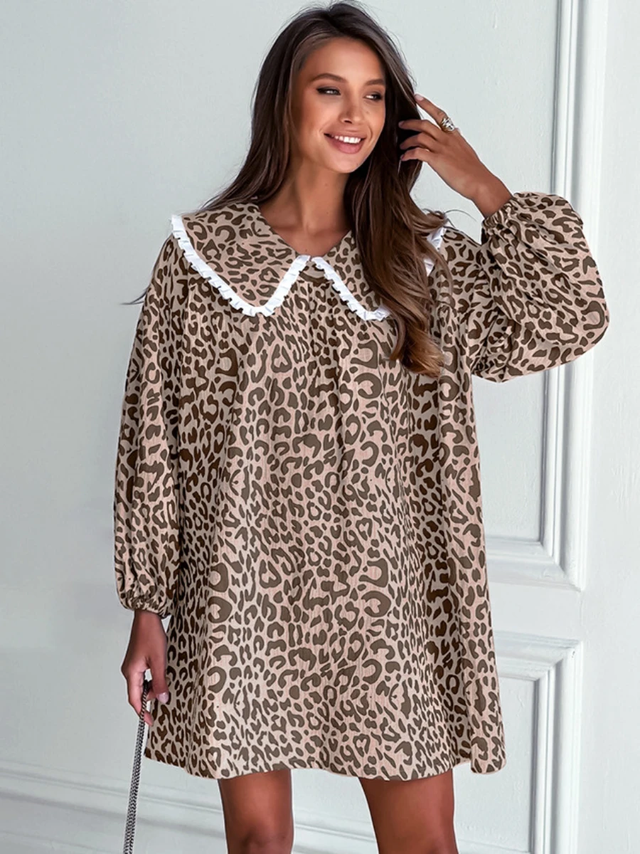 Mozuleva 100% Cotton Women\'s Loose Long Sleeved Nightgown Doll Collar Lace Leopard Print Loose Fitting Fashion Dress Pajamas