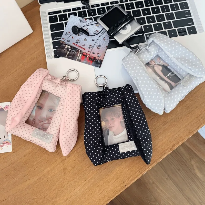 Ins Casual Style Bunny Ears Card Holder Korean Polka Dot Design Cover for 3 Inch Cards Student ID Cute Kpop Photocard Accessory