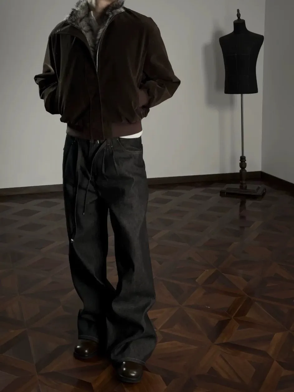 

American Sle Hunting Wolf King Suede Jaet Men's Winter oulder Pad Jaet Stand Collar Versatile Outerwear Casual Pants