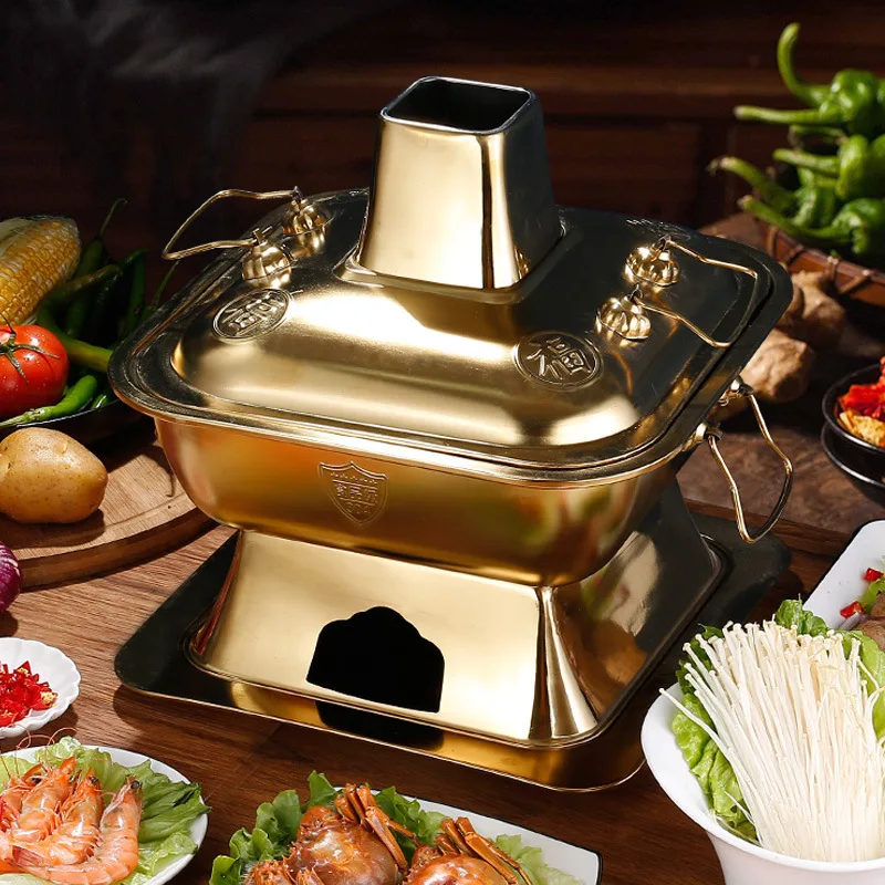 Antique Style 304 Stainless Steel Charcoal Square Hot Pot Family Restaurant Party Beijing Charcoal  Uncoated Pan