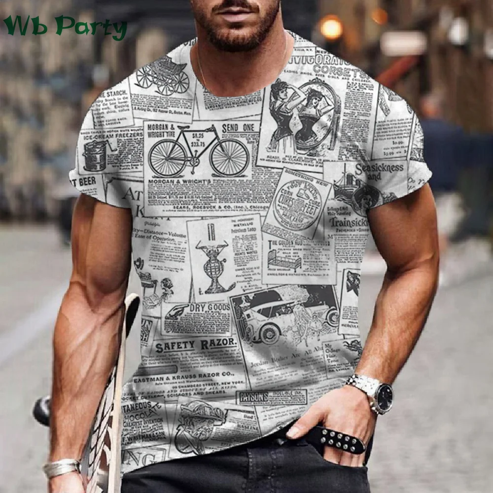 Summer Vintage Newspaper Print Mens Designer Clothes Men\'s Summer Clothes T-shirt Short Sleeve Tee Newspaper Shirts Graphic Tee