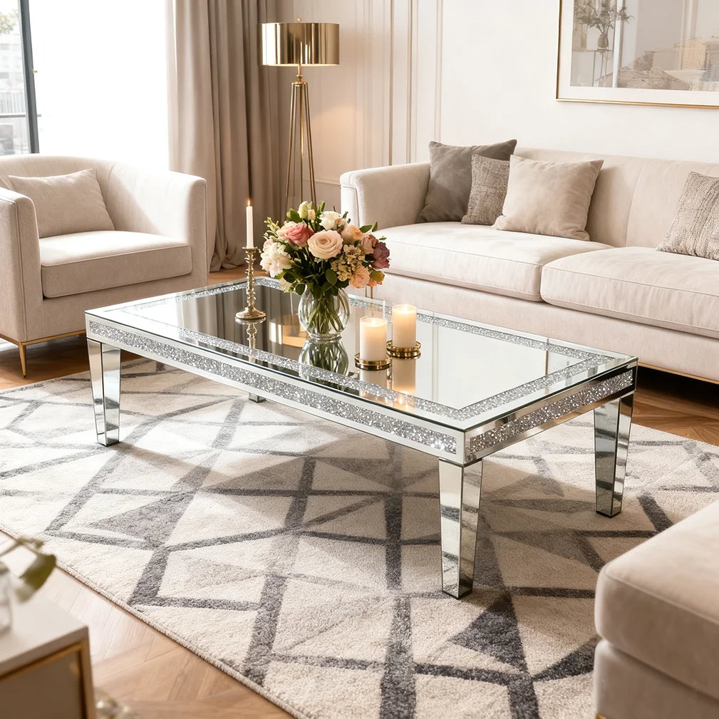 Large Coffee Tables 120X80X75CM Mirrored Rectangle Center Table with Crushed Crystal Border Modern Living Room Furniture