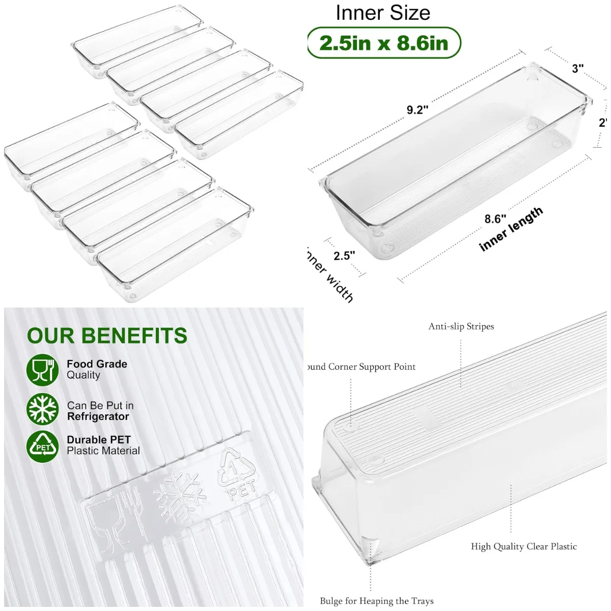 

8 Pack Clear Plastic Drawer Organizers, Food Grade Storage Trays, Non-Slip Bins for Kitchen, Bathroom, Office, Makeup & Jewelry,