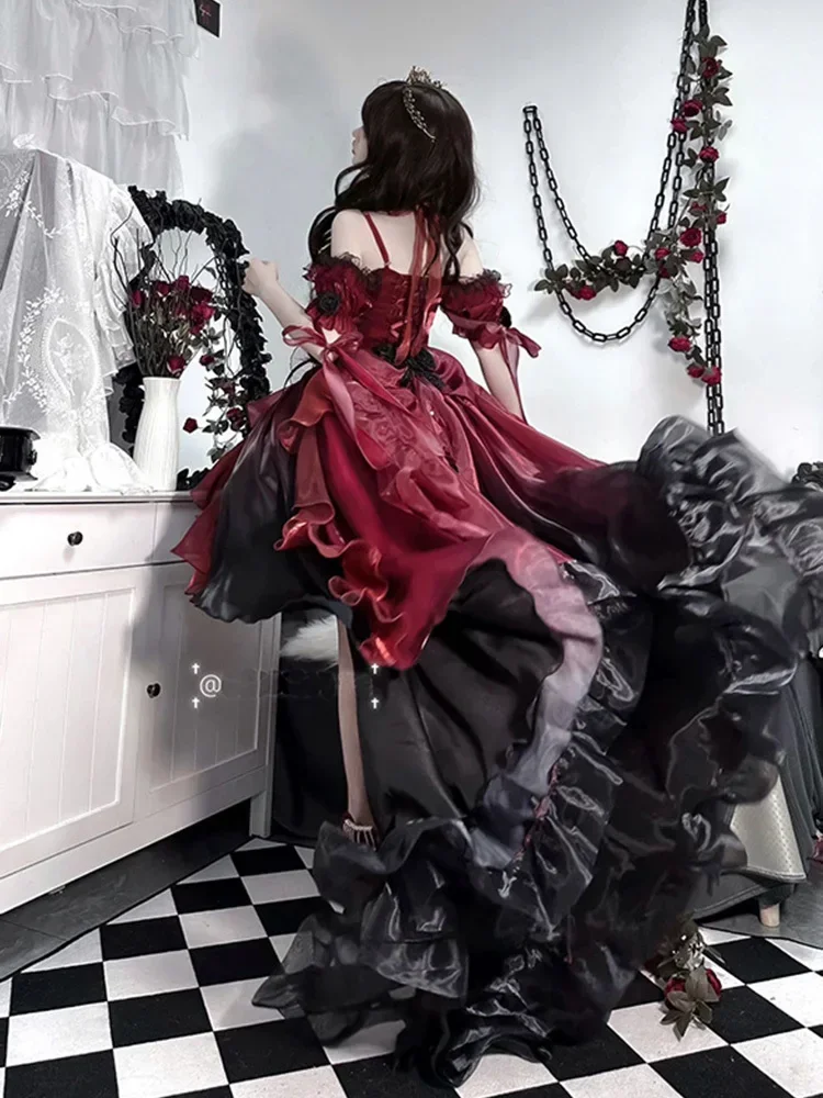 Robe de Mariée Rouge à Fleurs Sombre, Cosplay de Princesse Lolita Bouffante, 2025