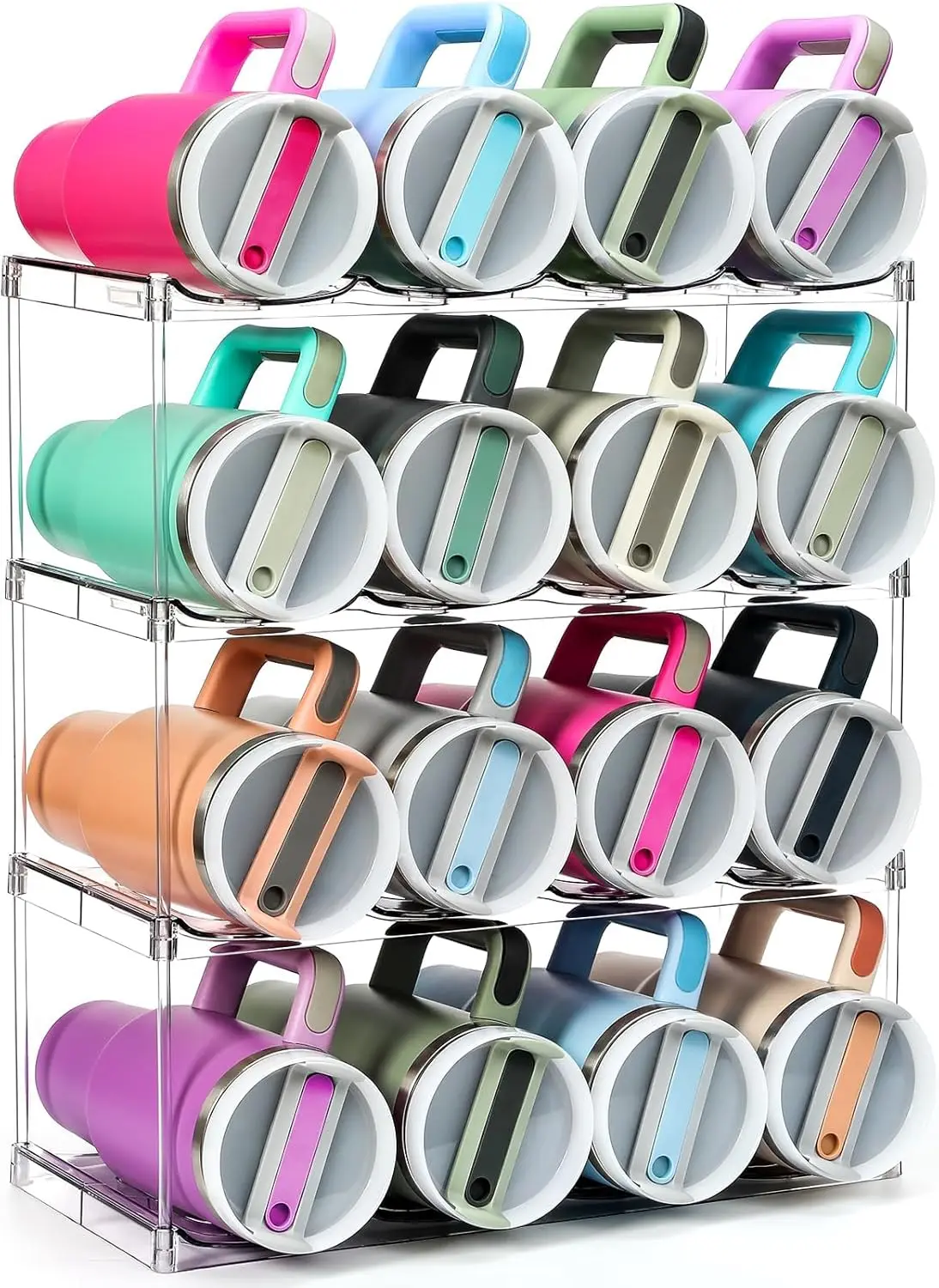 Organizador de botellas acrílicas transparentes de 4 niveles para vasos Stanley, portavasos apilable para gabinete de encimera de cocina